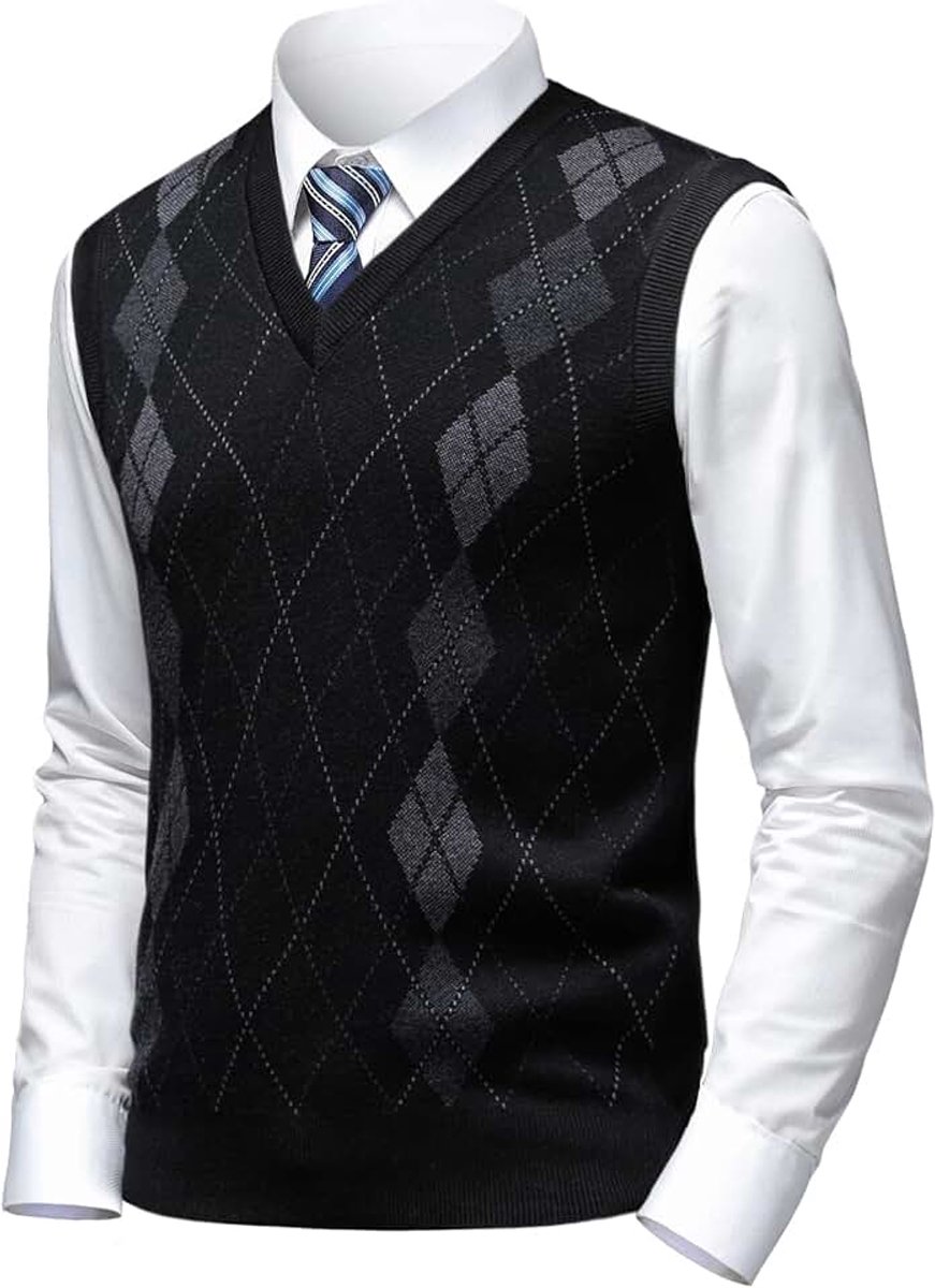 Argyle Trui Vesten Klassieke V-hals Mouwloze Trui Grijs Zwart Knitwear Mooie Tank Tops voor Papa Man