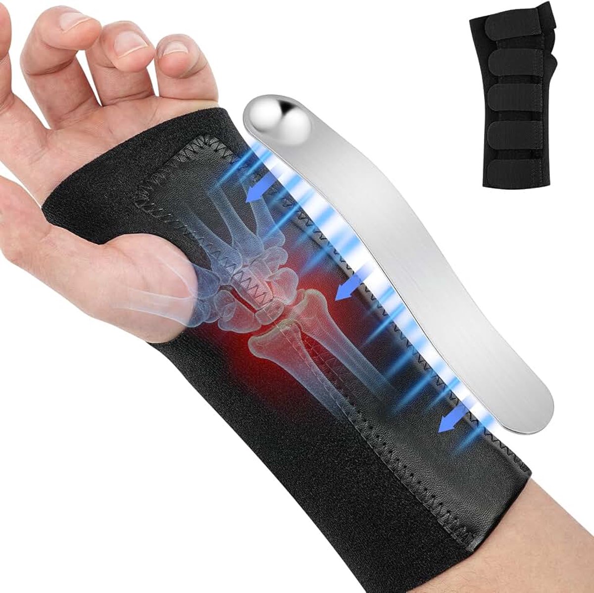 Verband, Polsbrace, met Metalen Spalken, Polsspalk voor Carpaal Tunnel Syndroom, Verstelbare Klittenbandsluiting voor Sport en Fitness, voor Dames en Heren (Links, M, Zwart)