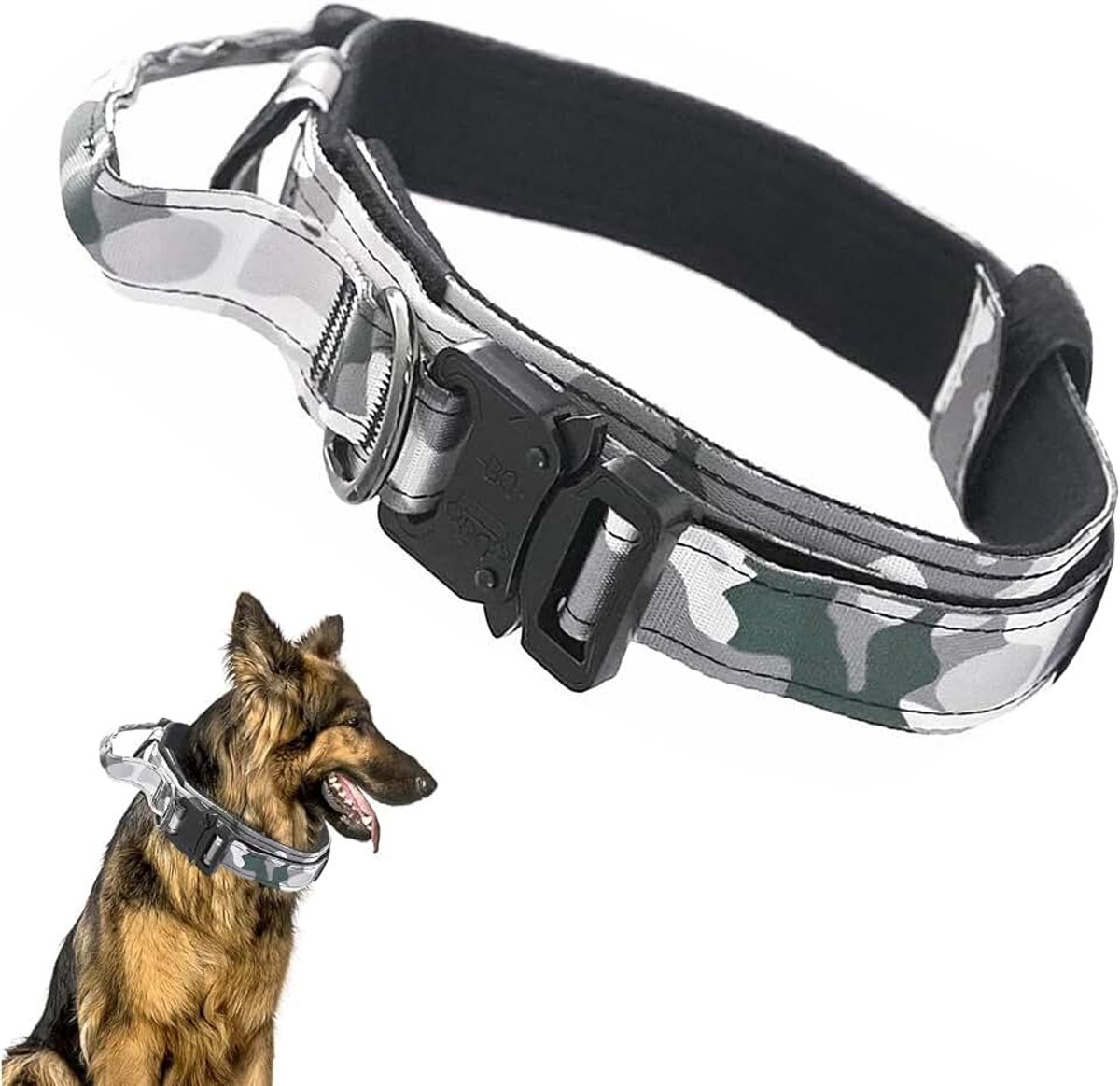 Hondenhalsband, Gewatteerde ademende zachte nylon halsband voor huisdieren met zware metalen gesp, verstelbare basis militaire hondenhalsband met handvat voor middelgrote tot grote
