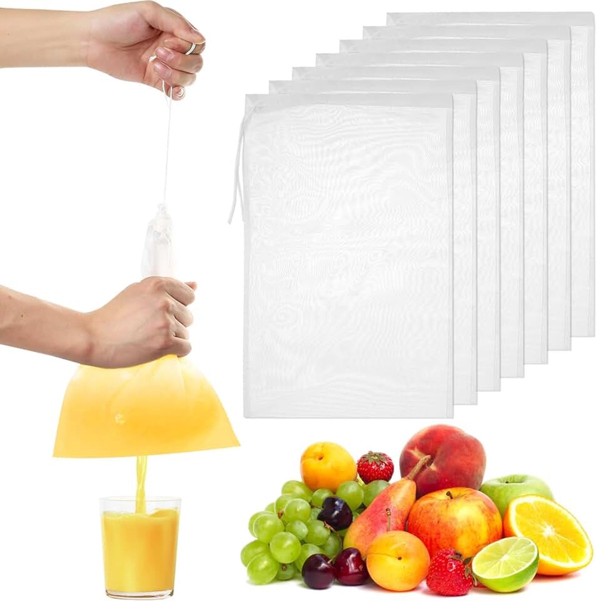 8 x notenmelkzakken, 20 x 30 cm passeerdoek, herbruikbaar, fijnmazig wasbaar, nylon, fijne filterzak, 200 mazen, notenzakjes met trekkoord, voor yoghurt, notenmelk, vruchtensap, kaasdoek