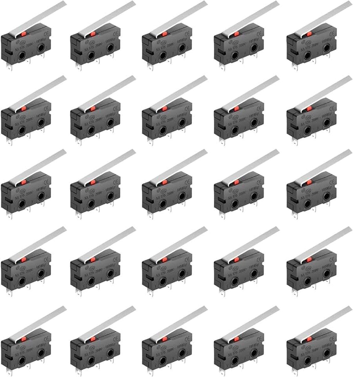 25 stuks mini-microschakelaar, 3 klemmen, momentschakelaar, mechanische eindschakelaar, AC 5A 125 250 V, 3-pins SPDT-grens, micro-schakelaar, hefboom-arm, lang, 28 mm, voor Arduino