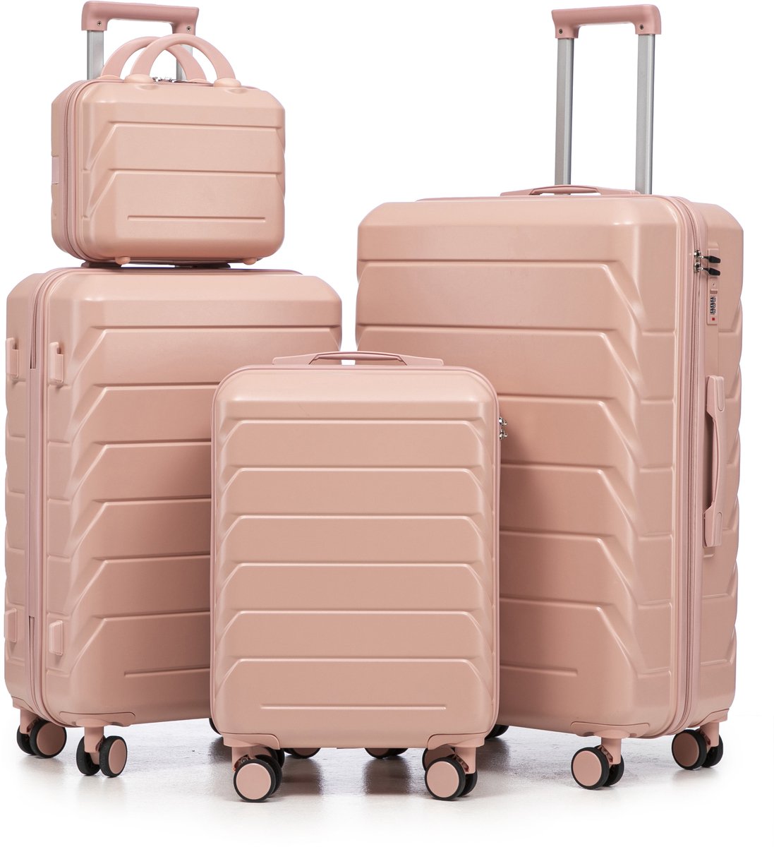 Kofferset 4-Delig - Hardcase ABS Spinner Koffer - Met Cijferslot en 360° Wielen - Reiskoffer Set - 14/19/24/28 Inch - Roze