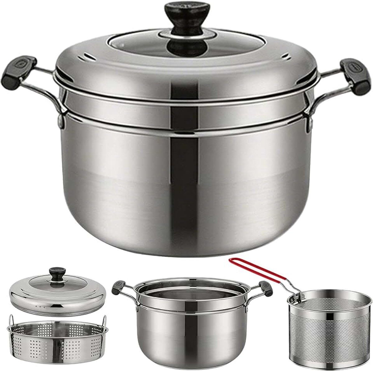 Friteuse, 4 liter set met stoommand, deksel en zeef, frituurpan, roestvrij staal, dompelfriteuse, frietpan voor alle warmtebronnen