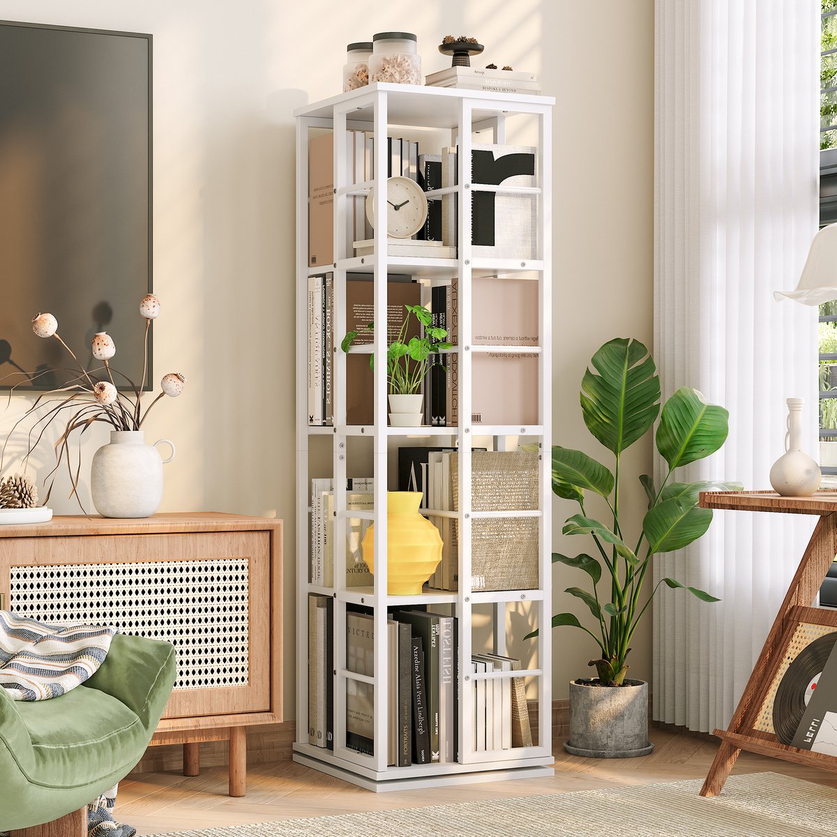 Draaiende Boekenkast 4 Lagen - 40x40x137.5cm - Boekenkast Vrijstaand - Displaykast Hoek - Metalen Frame - Voor Kantoor Woonkamer Slaapkamer - Wit