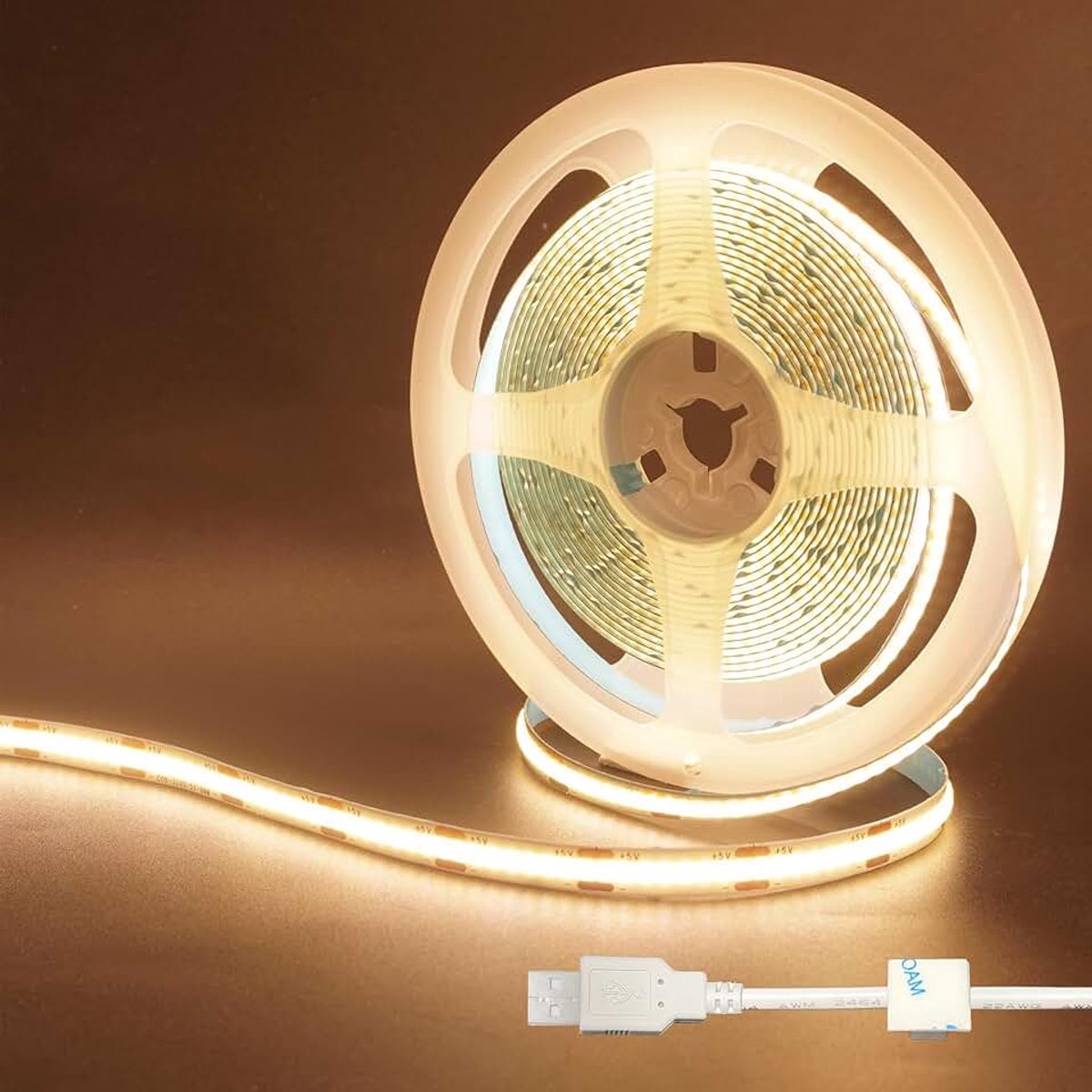 2Packs 5V USB LED strip verlichting, 16. 4ft /5M, warm wit 3000K, 320led /M, 8mm breed, niet waterdicht IP20,1M USB kabel, flexibele LED strip verlichting DIY home interieur