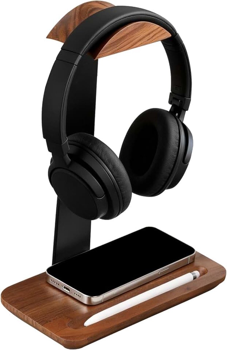 Hoofdtelefoonstandaard van walnoothout met antislip basis, stabiele hoofdtelefoonhouder voor over-ear en gaming-hoofdtelefoon, headsethouder, tafelaccessoires, geschikt voor beugelbreedte tot 6 cm en