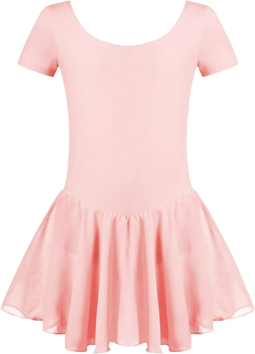 Balletkleding voor meisjes, balletjurk voor kinderen, korte mouwen, katoen, balletpak, dansjurk, balletjersey met chiffon, wikkelrok, tutu