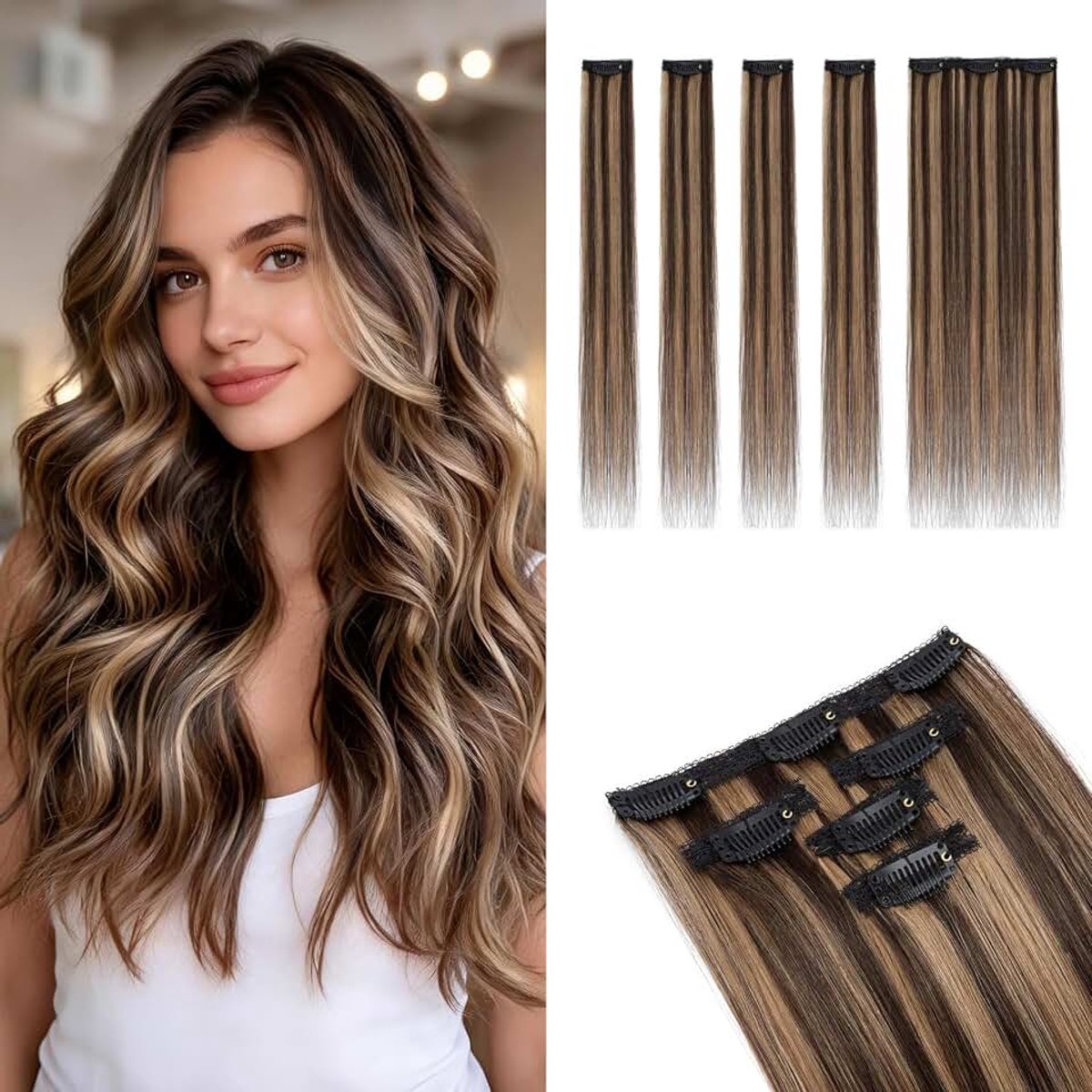 Haarverlängerung Echt Haar Clip 5PCS Steil #2P6 Donkerbruin/Lichtbruin 46g 40cm – 4 Enkele Clips + 1 Tripple Clip Lace Basis voor Natuurlijke Look