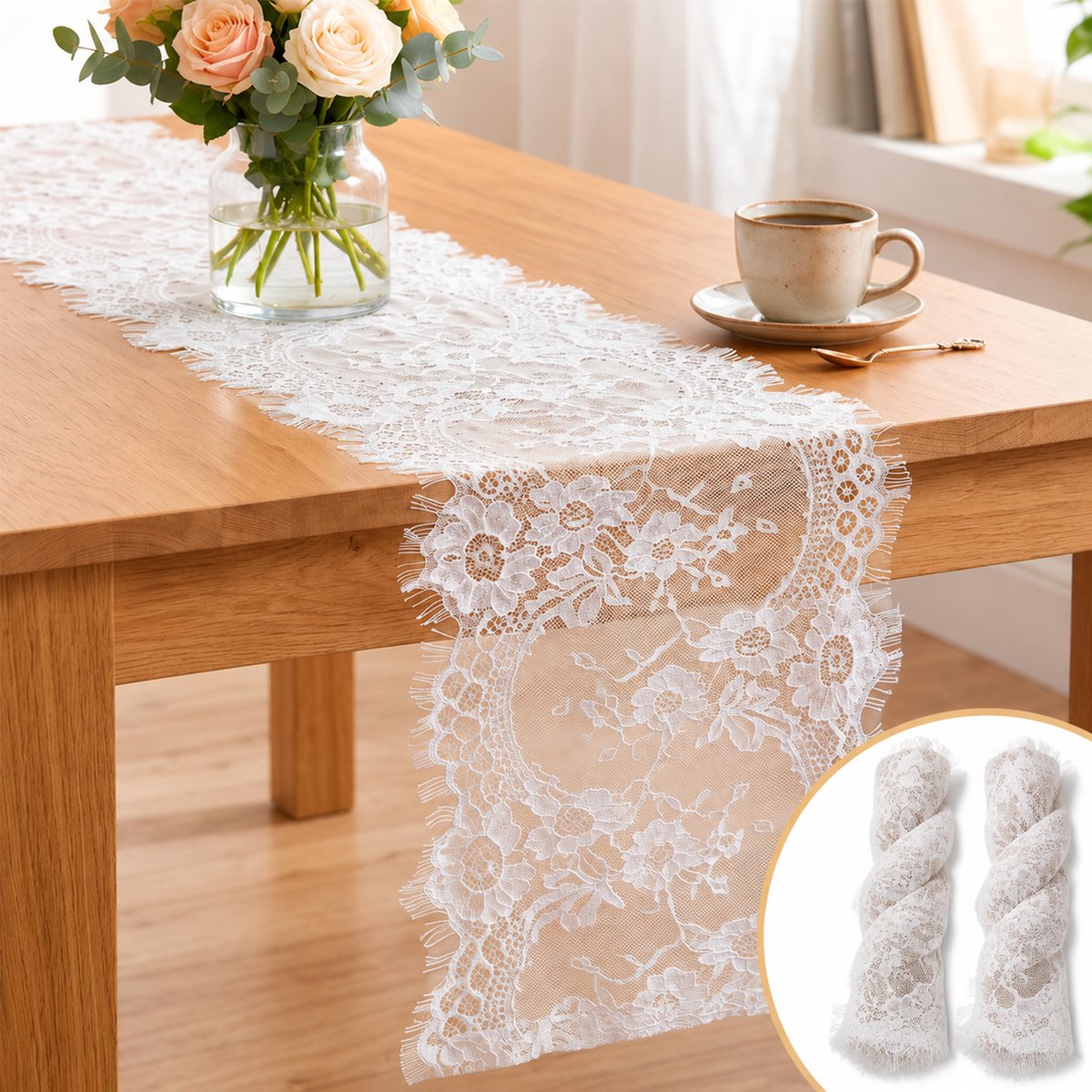 Tafelloper 35x300cm Wit - Kanten Tafelkleed - Boheemse Vintage Rustieke Stijl - Voor Bruiloft, Tuinfeest, Kerst & Babyshower - Tafeldecoratie voor Binnen & Buiten - Herbruikbaar & Wasbaar