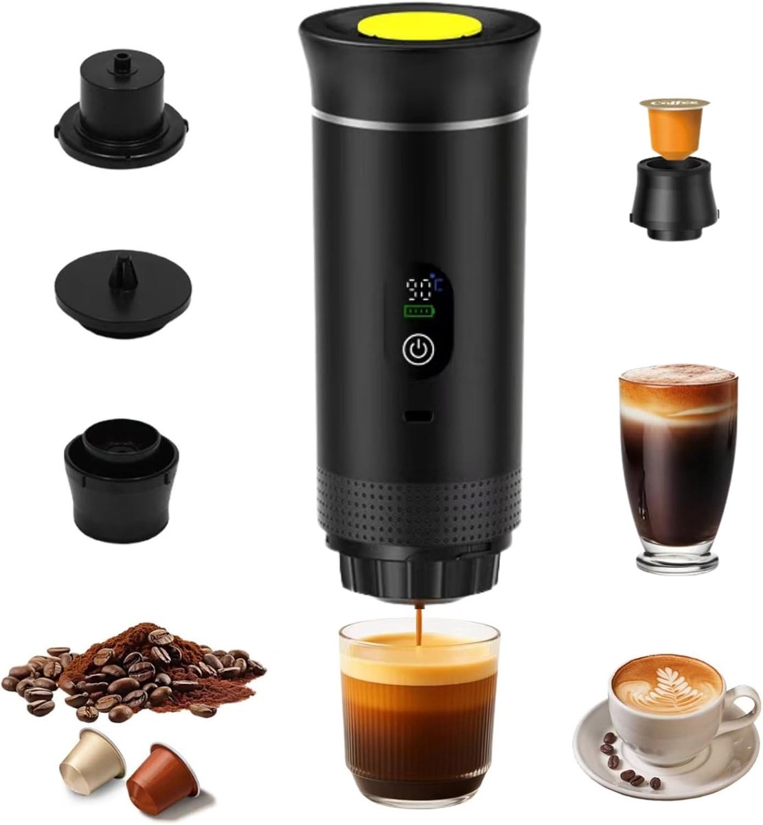 Draagbaar Koffiezetapparaat - 3-in-1 espressomachine – Met led-display – 20 bar druk en indicatoren voor temperatuur en batterijniveau in realtime – Geschikt voor gemalen koffie en capsules – Ideaal voor op reis, op kantoor en in de camper – Zwart