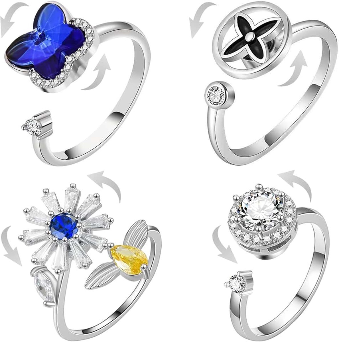 Fidget Spinringen Stemmingsring - 4 stuks Anti-Stress Ring Verstelbare Stemmingsring, Roterende Vlinder Bijenbloem Klaver Zirkoon Ring, Angstverlichting Ringen Geschenken voor Vrouwen Mannen