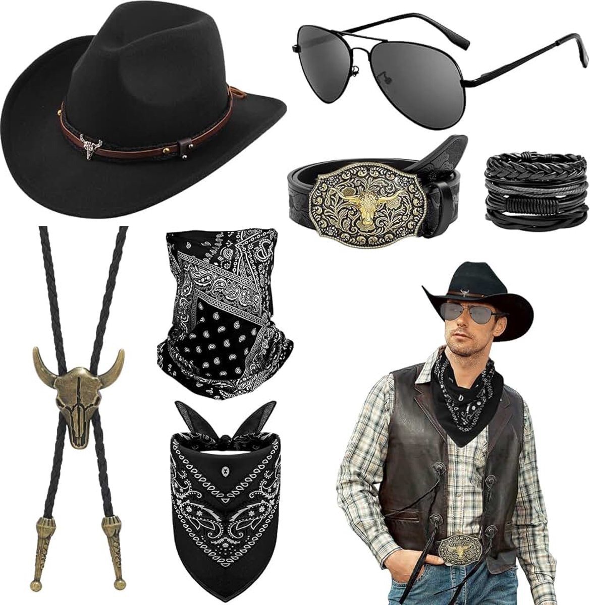 7 stuks western cowboy accessoireset, deluxe cowboykostuum accessoires kit met cowboyhoed bril bandana masker halsketting armband riem voor volwassenen dames heren Halloween themafeest cosplay