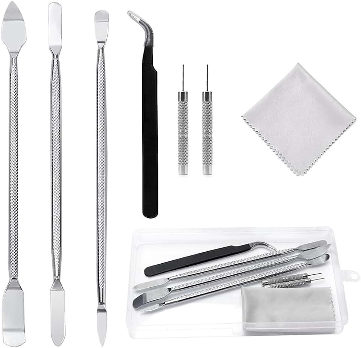 7 Stuks Metalen Spudger Set met Dubbele Uiteinden, Spudger Opening Demonteer Gereedschap, voor Mobiele Telefoon Tablet Laptop mp3-horloge, met 2 Stks Simkaartpin en 1 Stk Schoonmaakdoekje