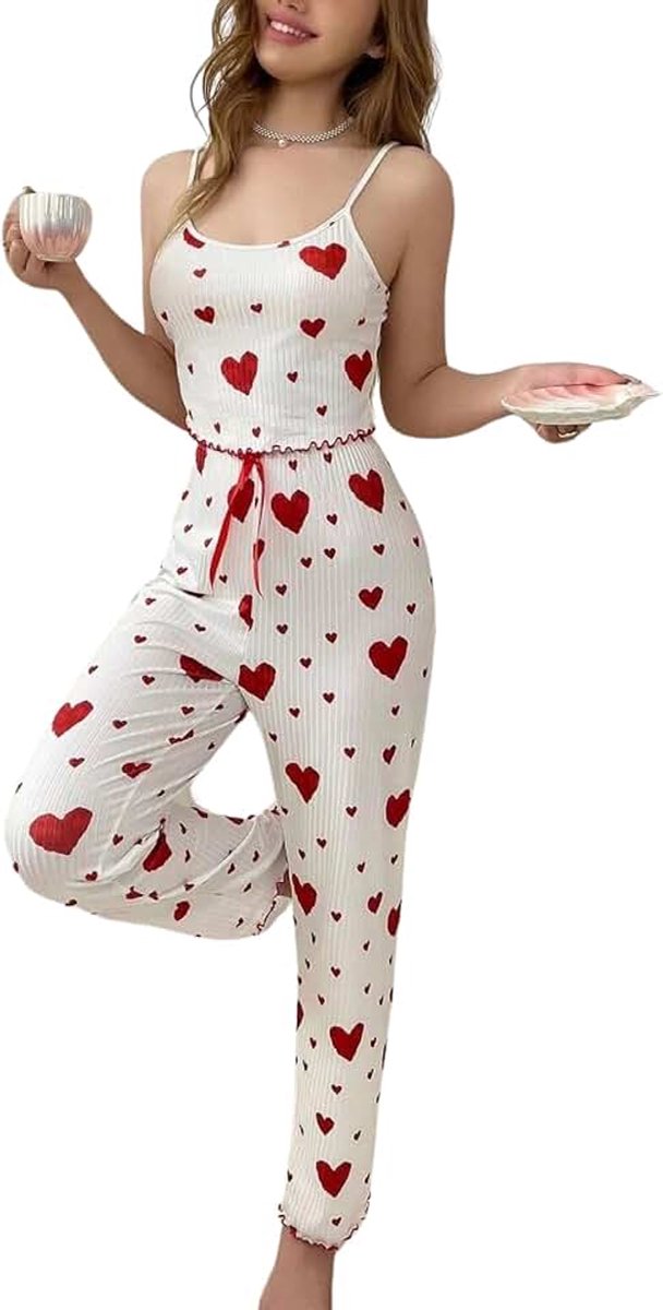 2-delige pyjamaset voor dames, met hartvormige print, camisole top en broek, sexy pyjama, schattig, comfortabel, mouwloos, sleepwear