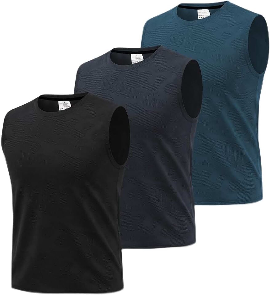 3-pack atletische vesten voor heren, mouwloos, sneldrogend, hardlooptraining, ademend mesh met camouflage-jacquardpatroon
