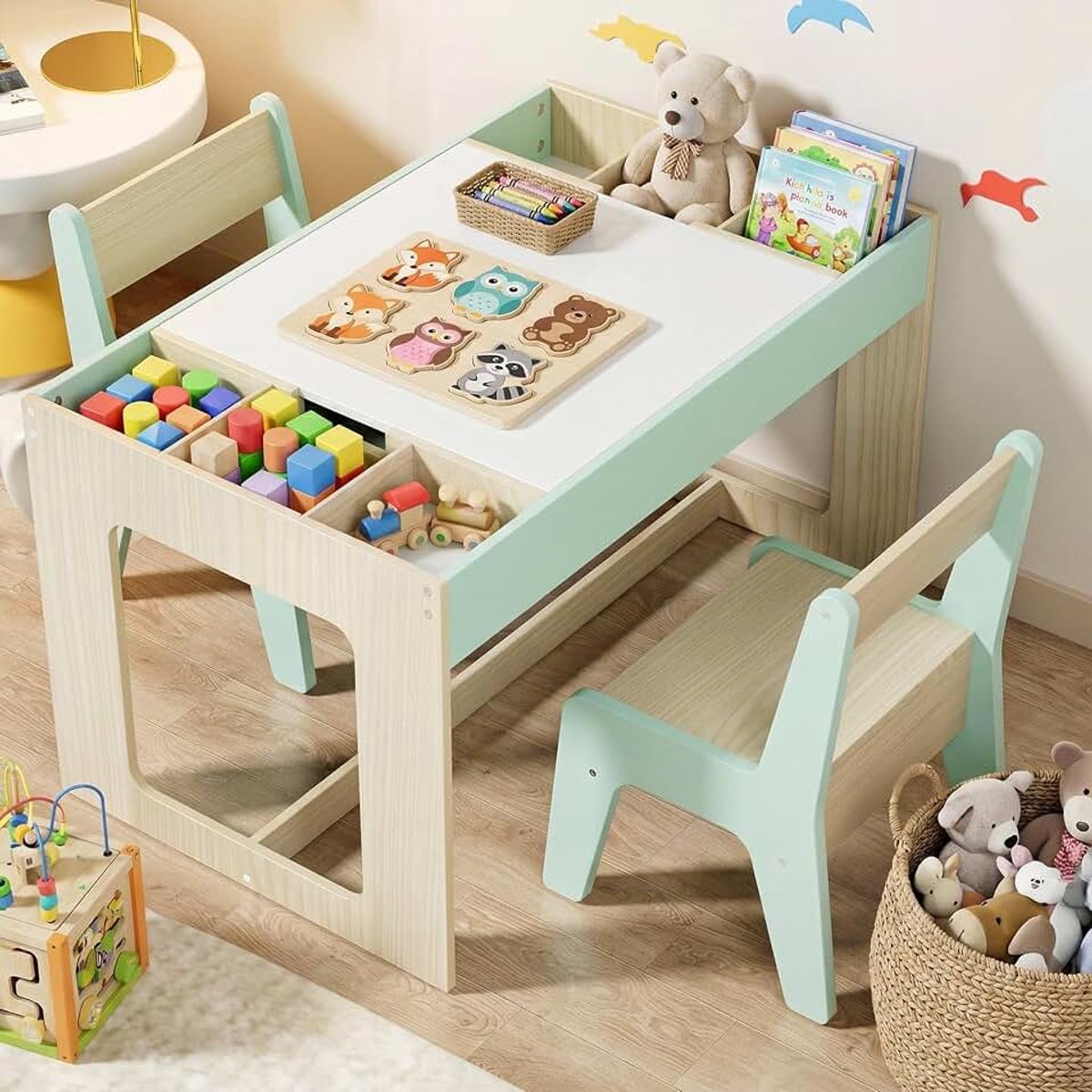 Kinderzitgroep met opbergruimte, kindertafel met 2 stoelen, kindertafelstoelset met omkeerbaar tafelblad, kinderbureau voor kleuterschool, voor kinderen vanaf 3 jaar (groen)