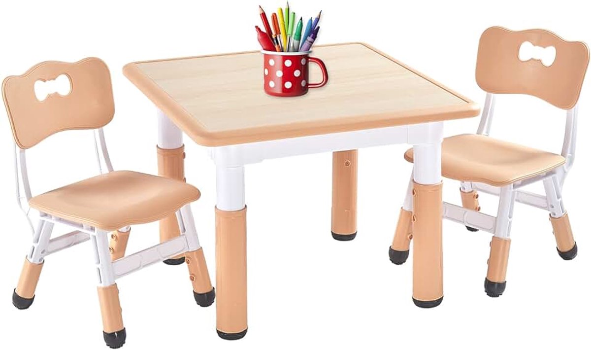 Kindertafel en stoelset, in hoogte verstelbare peutertafel en stoelset voor kinderen van 3-8 jaar, gemakkelijk af te vegen kunst en knutseltafel met 2 stoelen voor klas/thuis, CPC & CE