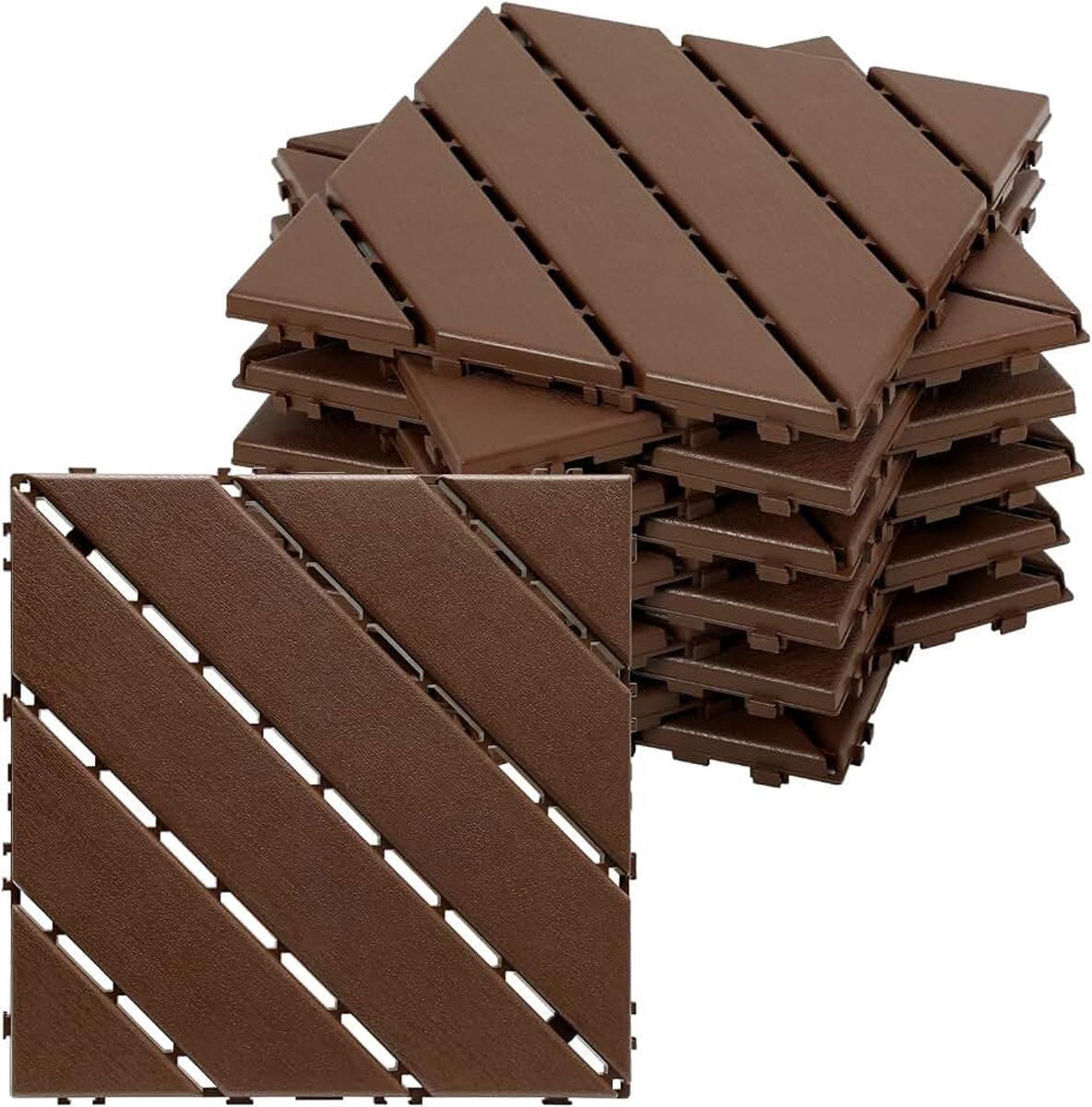 30x30cm PP terrastegels, 66 stuks 6m² Köper roodbruin kunststof vloerbedekking voor terras & balkon, weerbestendig, antislip met drainage-kliksysteem