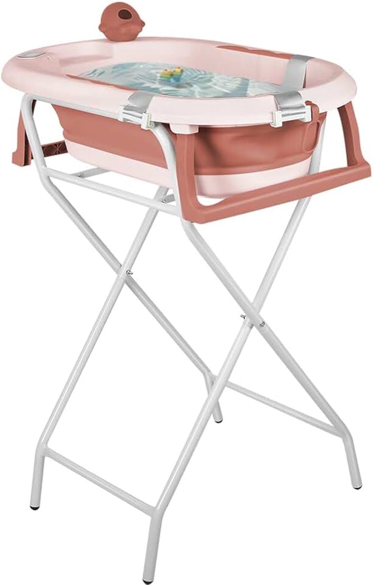 Babybadkuip op voet, groot XXL badkuip met houder/zitting en drainageset, babybad van geboorte tot 3 jaar, babycadeau, stijl 5, 81,5 x 48 x 21 cm, roze