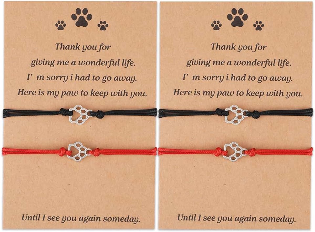 4st Kat Hond Herdenkingsarmband Geschenk, Herdenkingsarmband voor Huisdierverlies Aandenken Mededogen Pootafdruk Vriendschapsarmbanden voor Kat & Hond Liefhebbers (Rood, Zwart)