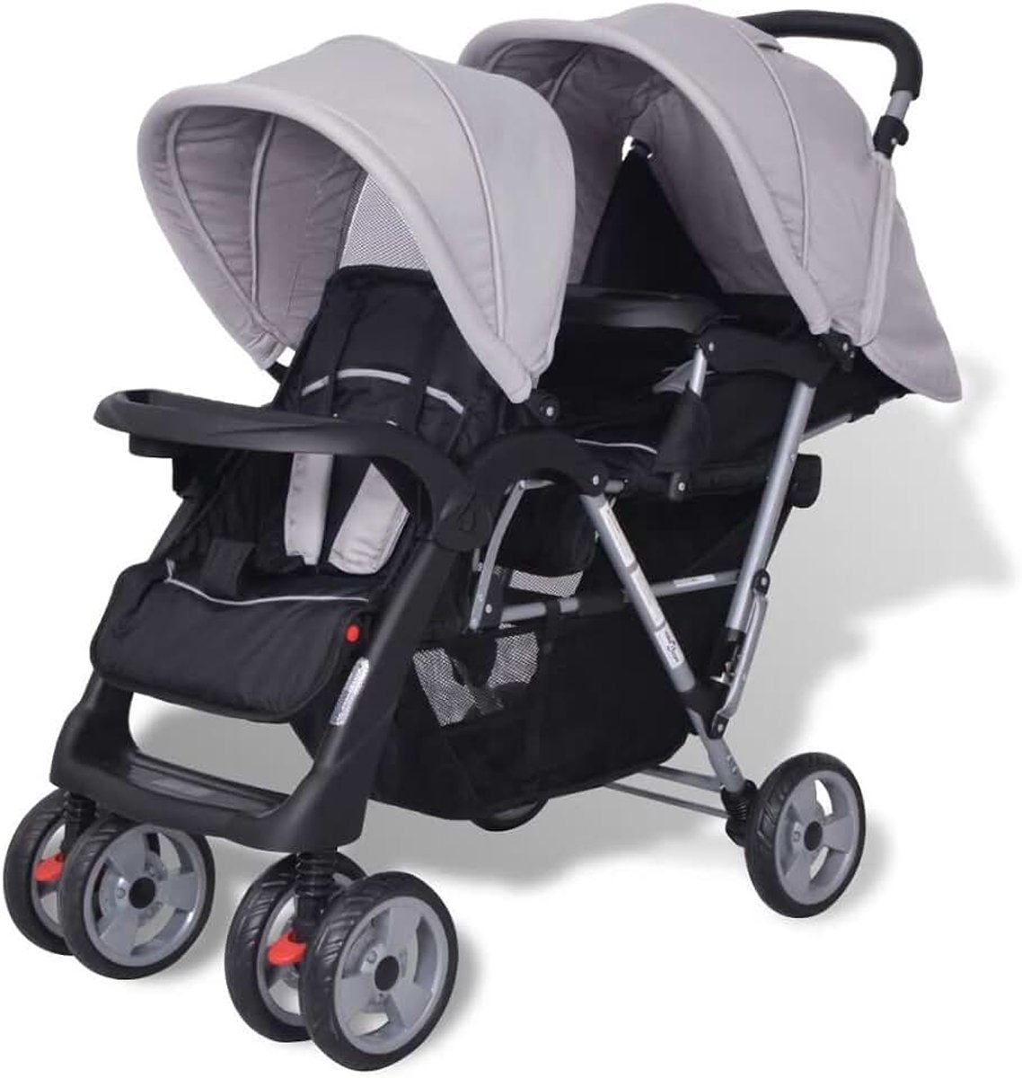Yorten Opvouwbare kinderwagen voor broers en zussen, tweelingwagen, buggy, tweelingsbuggy van staal en Oxford-weefsel, voor 1-2 kinderen tot 15 kg, grijs en zwart, 118 x 41 x 108 cm