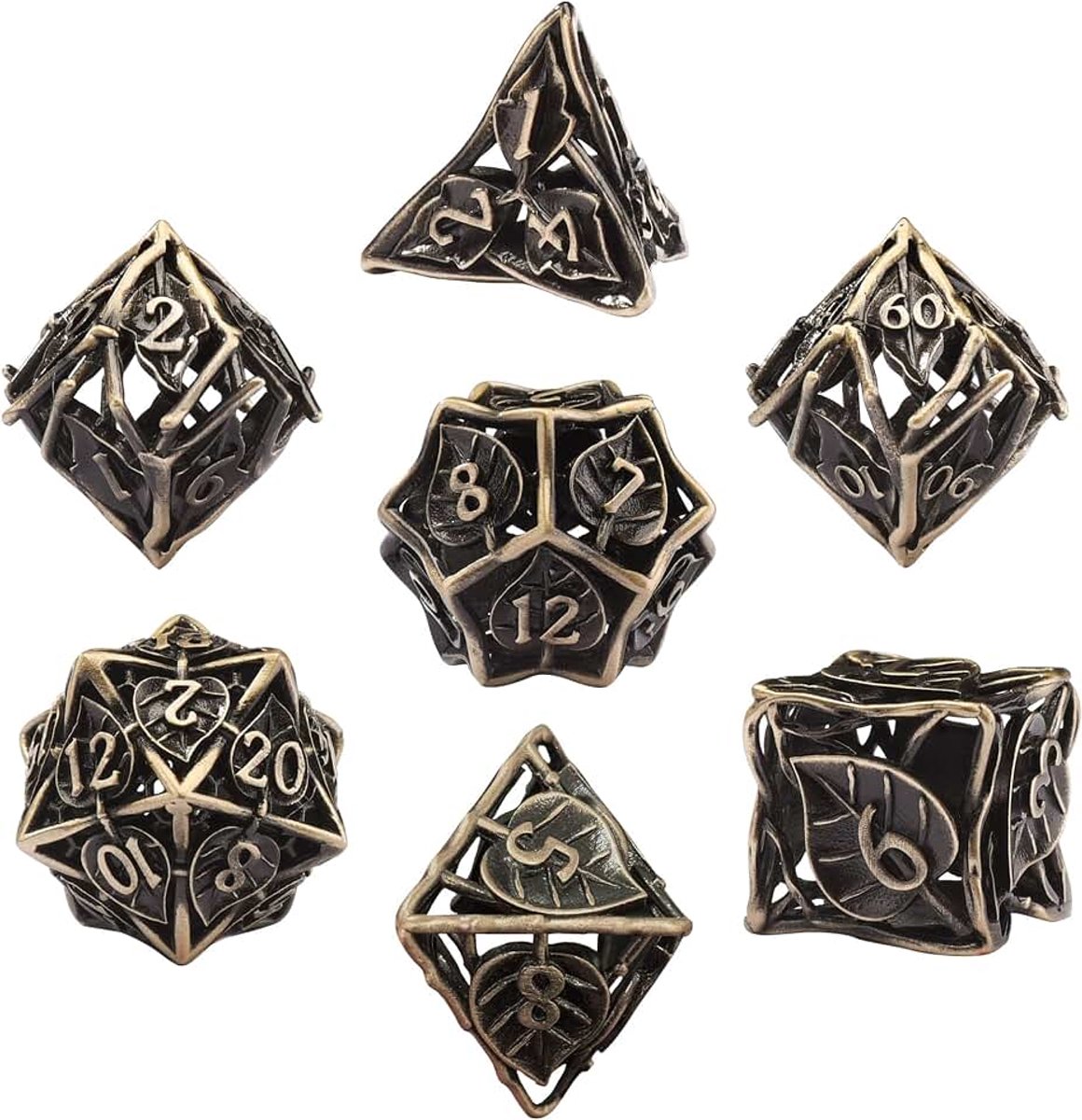 DND-dobbelstenen, 7 stuks, metalen dobbelstenen, spel polyedrische dobbelstenen, holle speeldobbelstenen, Dungeons en Dragons dobbelstenen voor D&D MTG, RPG, antiek brons