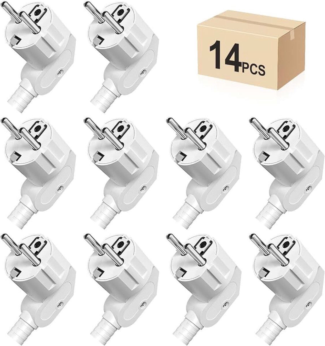 Stekker, hoekstekker, 14 stuks, geaarde stekker met knikbeschermingsaansluiting, stekker 250 V (16 A), PABANCE stroomstekker, hoekstekker, waterdicht, voor 8-10 mm kabel, wit