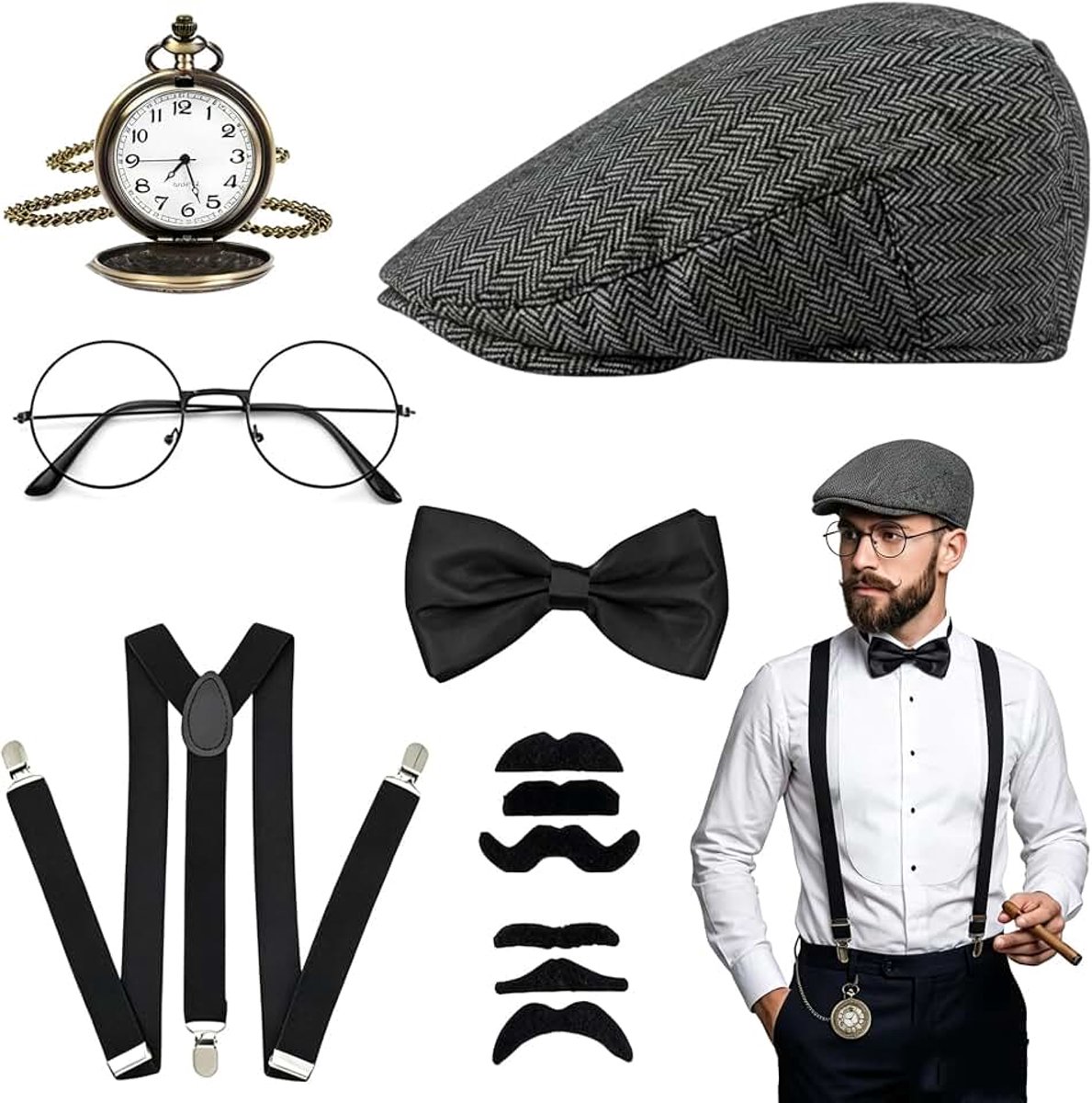 20er jaren kostuum voor heren, 7-delige Peaky Blinders set, 1920s Gatsby accessoires, maffia carnaval kostuum, carnavalskostuum met bretels, hoed, zakhorloge, stropdas voor feesten, Halloween