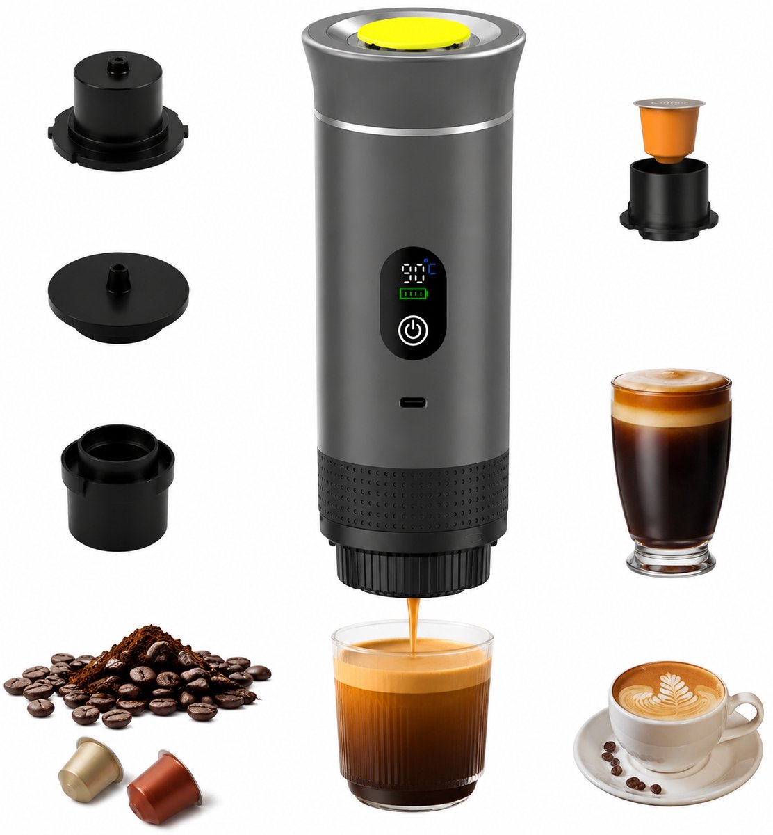 Draagbaar Koffiezetapparaat - 3-in-1 espressomachine – Met led-display – 20 bar druk en indicatoren voor temperatuur en batterijniveau in realtime – Geschikt voor gemalen koffie en capsules – Ideaal voor op reis, op kantoor en in de camper – Grijs