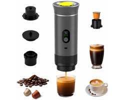 Draagbaar Koffiezetapparaat - 3-in-1 espressomachine – Met led-display – 20 bar druk en indicatoren voor temperatuur en batterijniveau in realtime – Geschikt voor gemalen koffie en capsules – Ideaal voor op reis, op kantoor en in de camper – Grijs