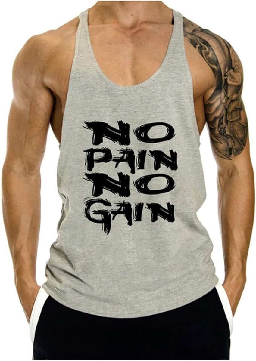 Heren No Pain No Gain Bodybuilding Tank Top Stringers Gym Fitness Sport Spiershirt Mouwloos T-shirt, grijs, XL