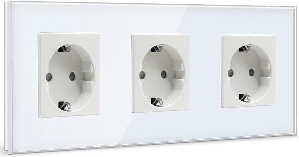 Schuko Stopcontact 3-Voudig Kristal Glas Plaat - Drievoudig 16Amp Wit Verlengsnoer Wandstopcontact - 228mm