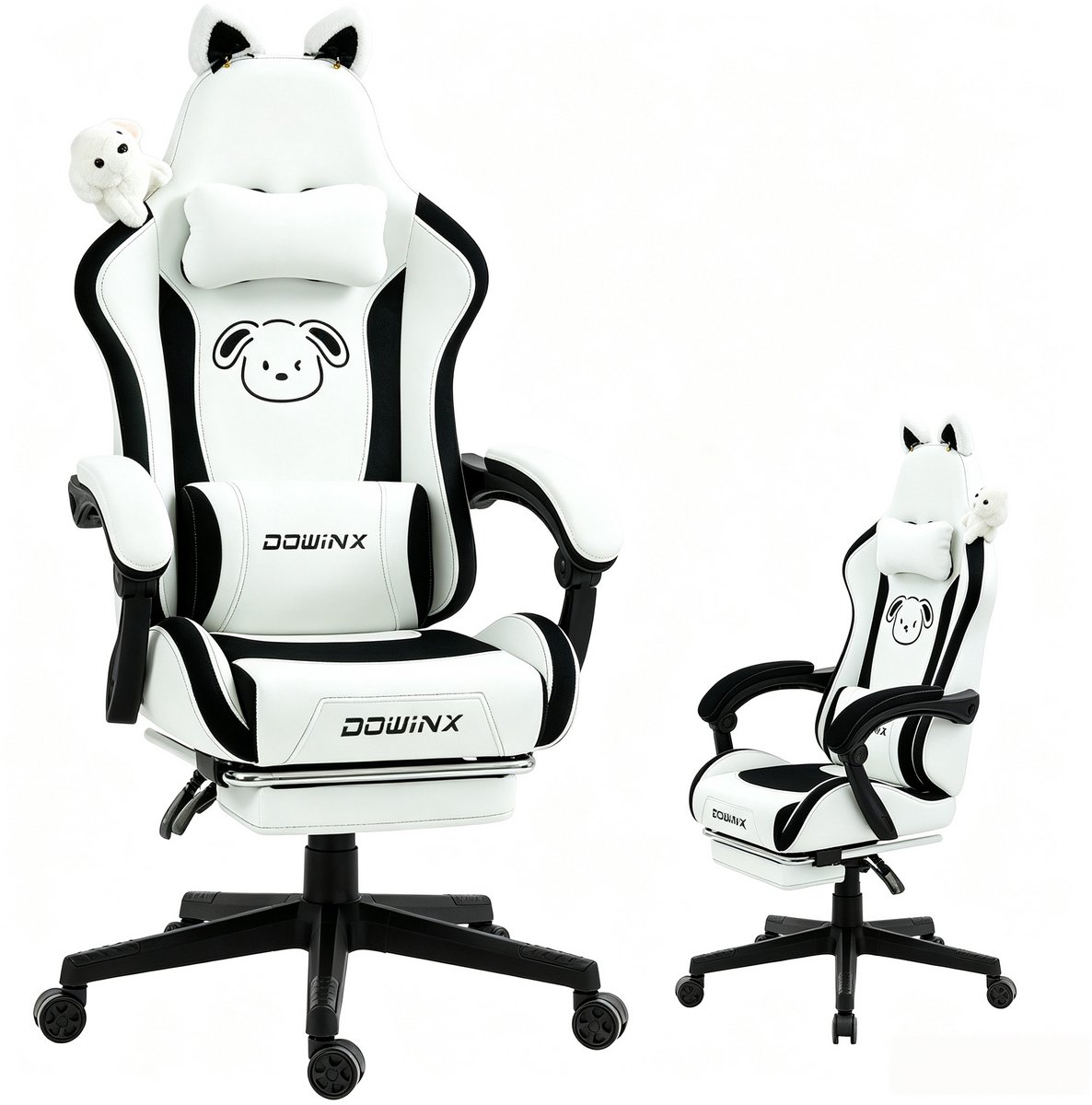 Dowinx Gaming stoel - met hond‑motief, afneembare pluizige oren -Gaming Stoel Ergonomisch - koppelende armleuningen - lendenkussen uittrekbare voetsteun- 90‑140° verstelbaar - belastbaar tot 150 kg - wit