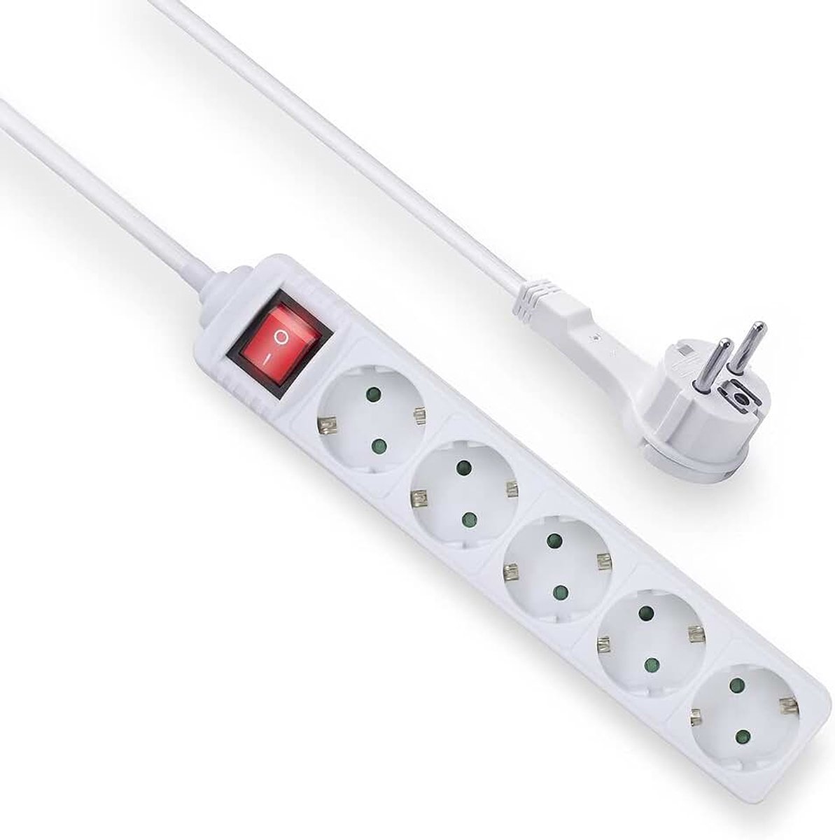 Stekkerdoos Platte Stekker 5 voudig, Stekkerblok 1,5m, Stekkerdoos met Kinderbeveiliging, Power Strip met Schakelaar, Stopcontacten met Hoek van 45° - AC2455 | Met klemhouder