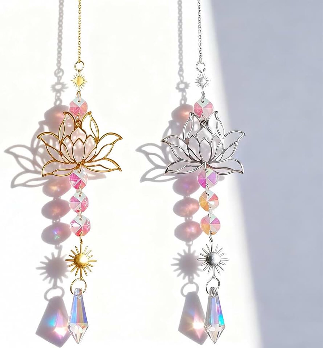 2 stuks zonnevanger, kristallen zonnevanger, lichtvanger, kristallen om op te hangen, kristal, lotus, ornamenten, geschikt voor het decoreren van ramen, tuinen, geschenken (zilver, goud)