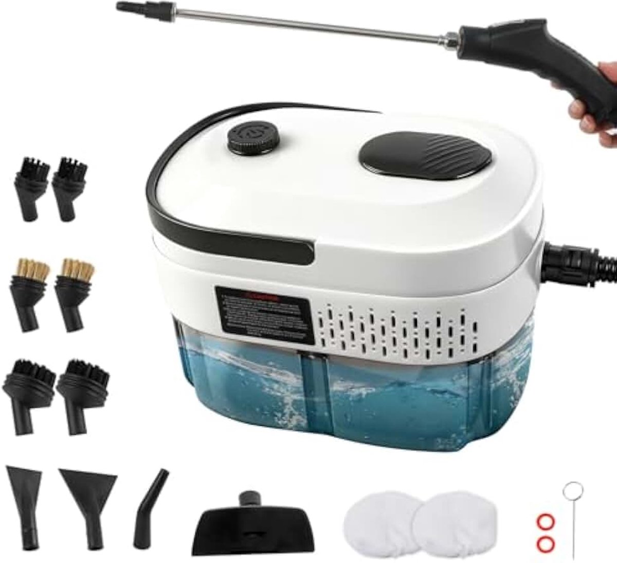 Stoomreiniger, handapparaat, 2500 W, 3 bar, handstoomreiniger, 1400 ml, watertank, 15 seconden, 3 versnellingen, 6 borstelkoppen voor keuken, ramen, vloer, badkamer, auto