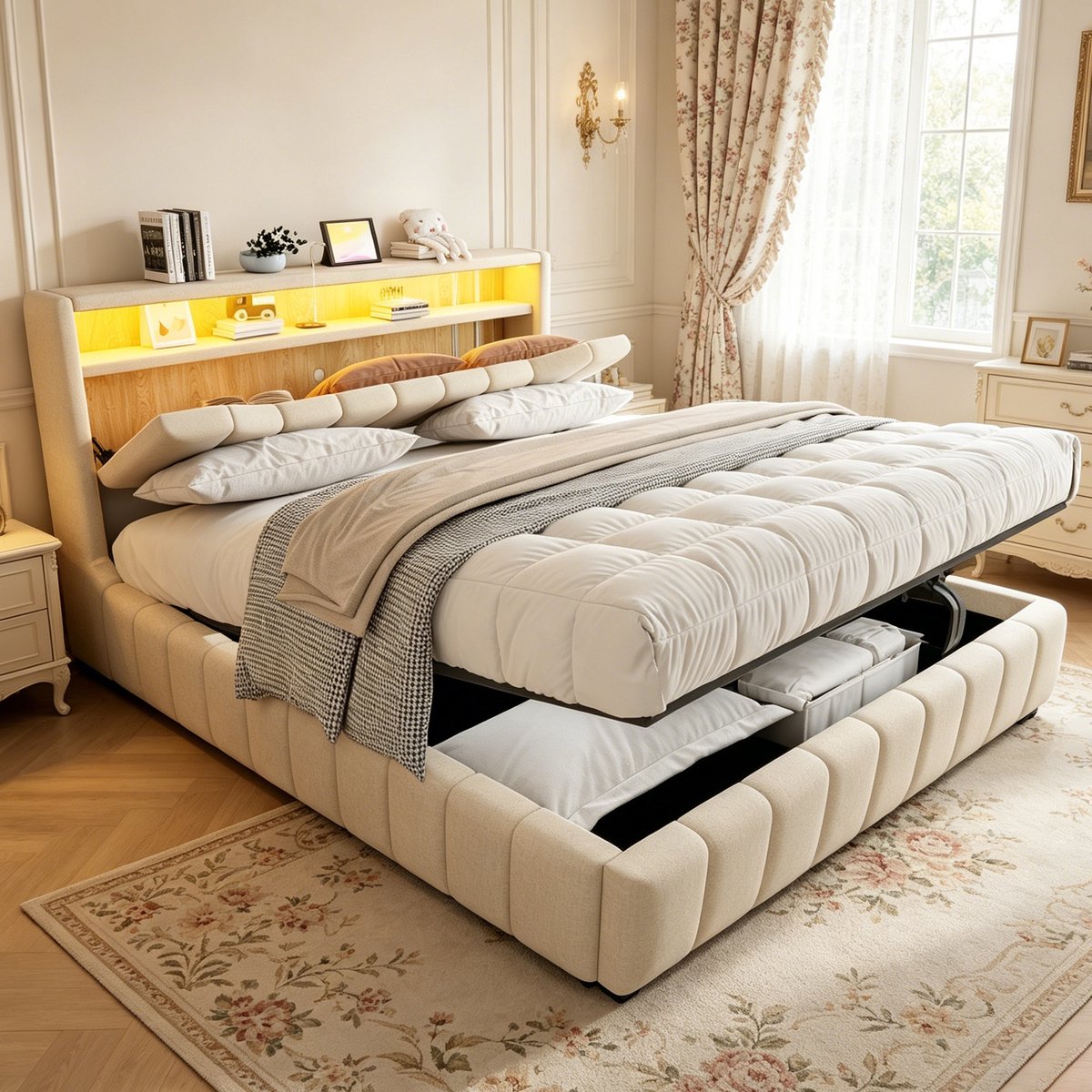 Sweiko Tweepersoonsbed - 180 x 200 cm - Gestoffeerd hoofdeinde - LED-verlichting - Opbergruimte - Met oplaadpoorten - Linnen - Beige (zonder matras)