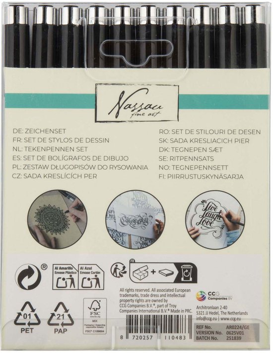 Set de stylos de dessin Nassau Fine Art, 10 stylos noirs. Ensemble de fineliners et stylos pinceaux.