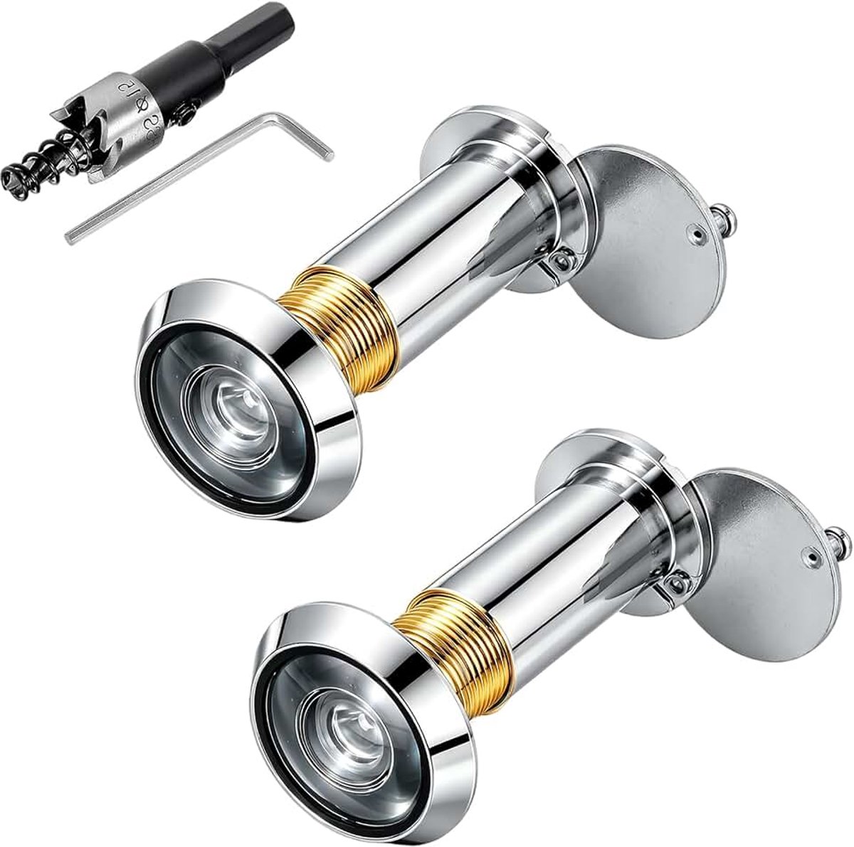 2 stuks deurspion met inkijkbescherming, 220° gezichtsveld, deurspion zonder boren, optische glazen lenzen, boorgat Ø 16-21 mm, deurspion met boor, instelbare lengte voor 37-100 mm deurdikte