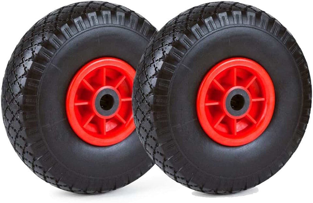 Steekwagenwiel, 2 stuks, pechvrij, massief rubber, 3,00/3,00-4, Ø 260 mm, 20 mm as, 160 kg draagvermogen, kogellagers, reservewiel, PU-banden