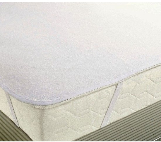 Wit molton plateau van 90x200 cm op een matras, met elastieken banden aan de hoeken.