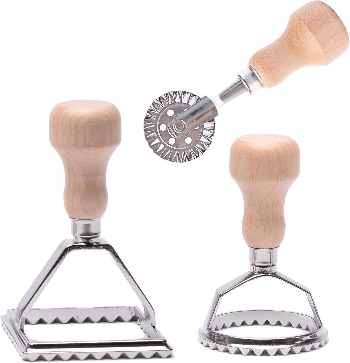 Bondoo - ravioli snijder - ravioli uitsteker - ravioli set 3 stuks rond/vierkant stempels en snijder - raviolimakers - ravioli stempel - raviolimaker - ravioli mal - ravioli stamper - deegwiel - patatsnijder - pastamaker - Hout