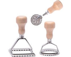 Bondoo - ravioli snijder - ravioli uitsteker - ravioli set 3 stuks rond/vierkant stempels en snijder - raviolimakers - ravioli stempel - raviolimaker - ravioli mal - ravioli stamper - deegwiel - patatsnijder - pastamaker - Hout