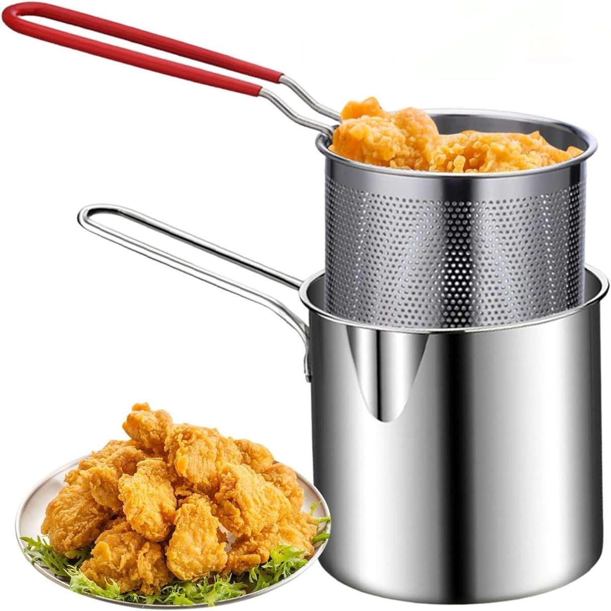 Friteuse met Zeef - Diepe Braadpan - Thuis Frituren - Olie Besparend Ontwerp - 4-delige Set - Zilverkleurig