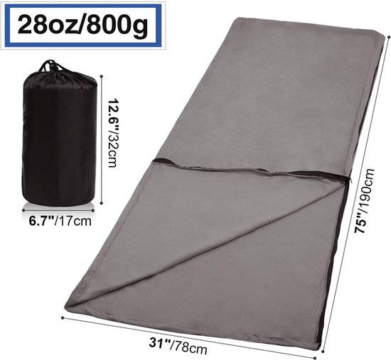 Fleece Slaapzak Liner - Reisdeken Buiten - Kamperen en Reizen - Volledige Rits - 180 x 78 cm - Grijs — afbeelding 5