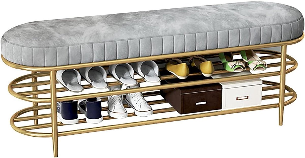 Fluwelen Schoenenbank - Opbergbankje Hal - Schoenen Opbergen - Dubbele Laag - 60/80/100 cm - Grijs