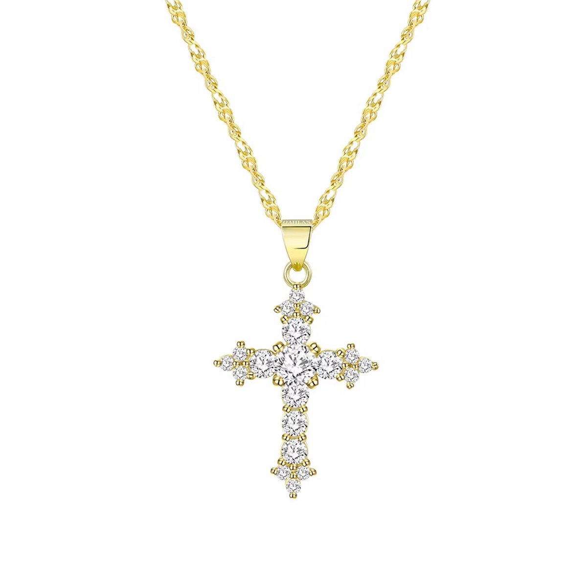 Dames 925 Zilveren Ketting Kruis Goudkleurig met Steentjes – Elegant Religieus Sieraad – Hypoallergeen Cadeau