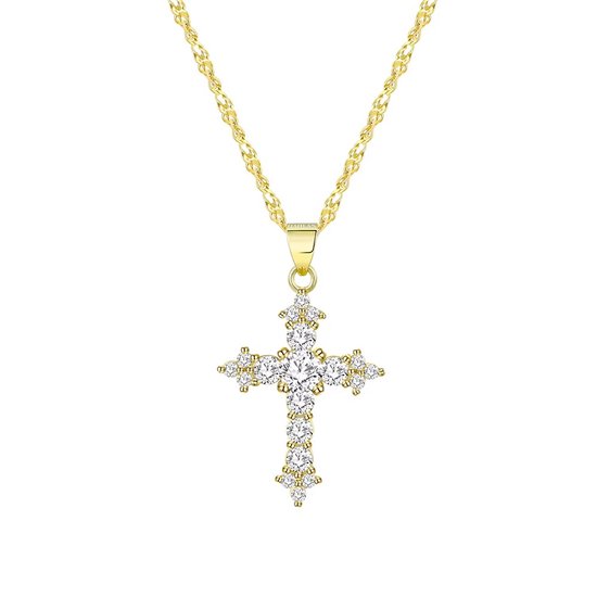 Chaîne dorée avec pendentif croix orné de pierres blanches. Pendentif 2.7 cm, chaîne 45 cm.
