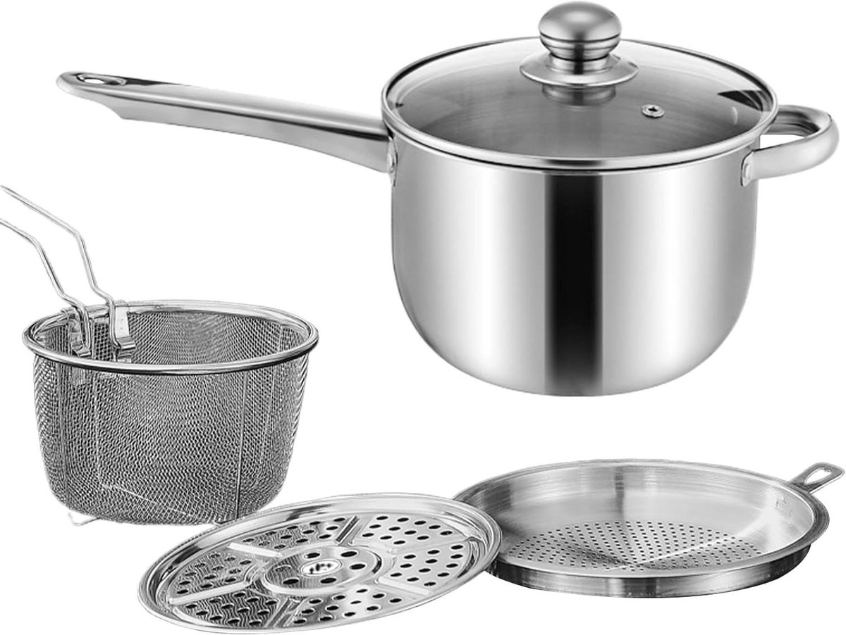 Frituurpan met mand - Diepe pan - Frituren van snacks - Gelijkmatige warmte - 38 cm - Zilver