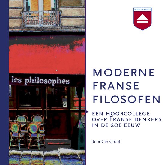 Boekomslag voor 'Moderne Franse Filosofen'. Toont een café met de tekst 'les philosophes'.